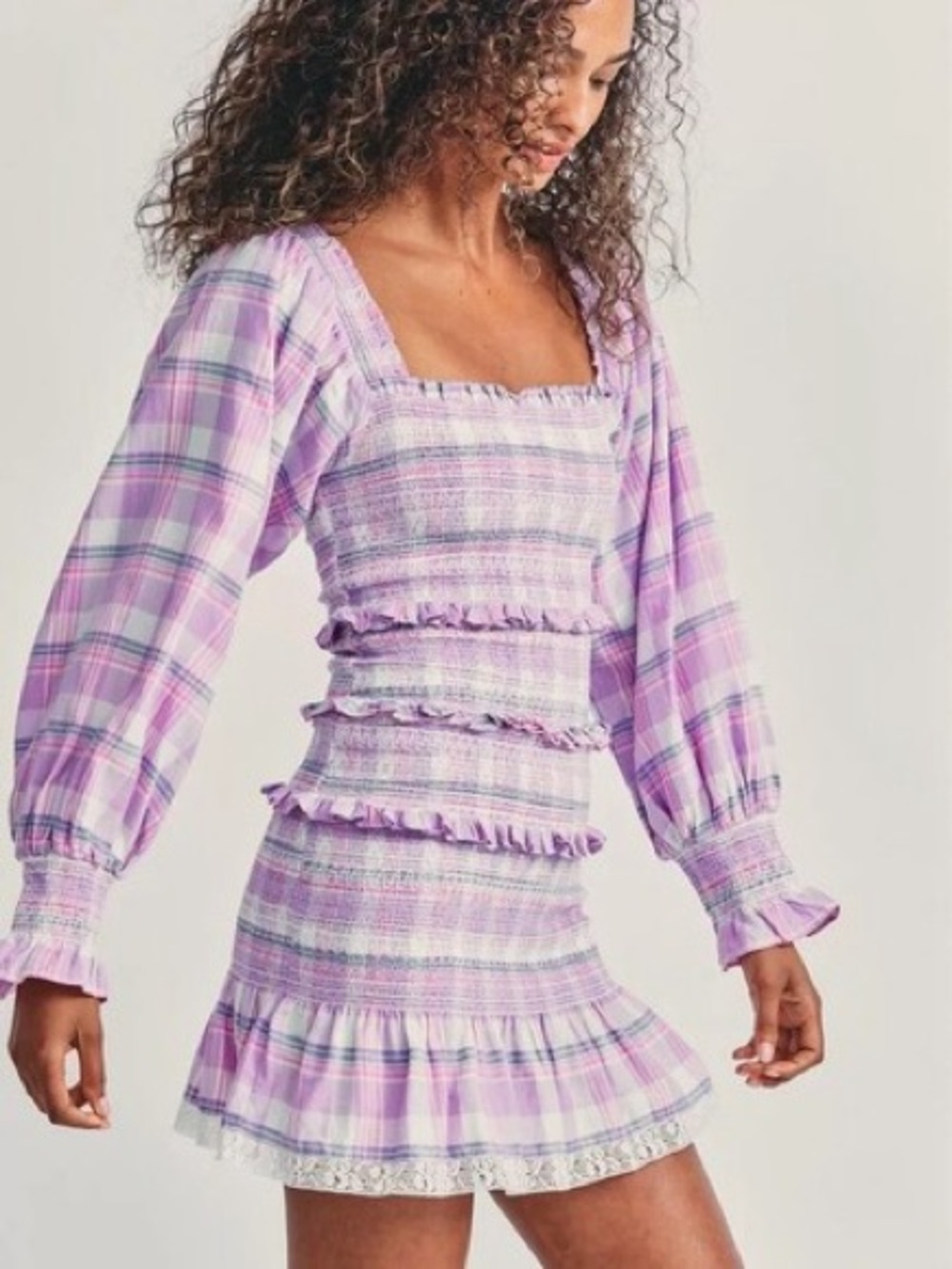 LOVESHACKFANCY XS $200 Retail Lilac Plaid Smocked Mini Dress